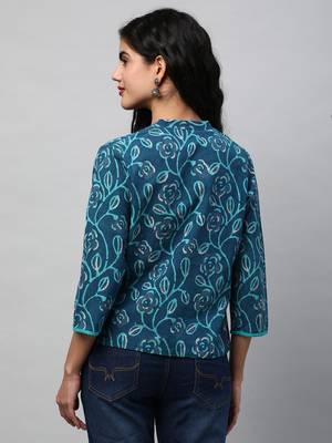 Reversible short jacket with floral hand crafted dhabu block print(blue). 2