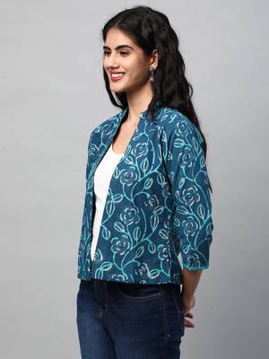 Reversible short jacket with floral hand crafted dhabu block print(blue). 3