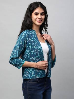 Reversible short jacket with floral hand crafted dhabu block print(blue). 4