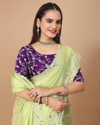Mint Green Cutwork Saree With Contrance Blouse Peice 1