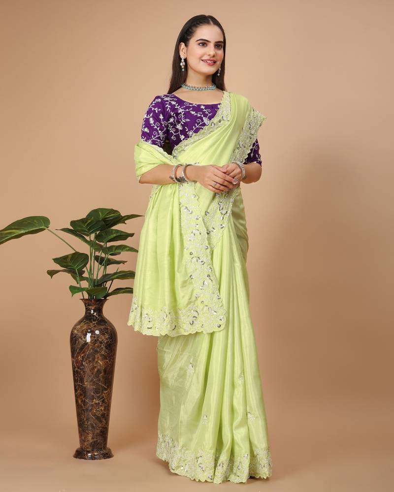 Mint Green Cutwork Saree With Contrance Blouse Peice