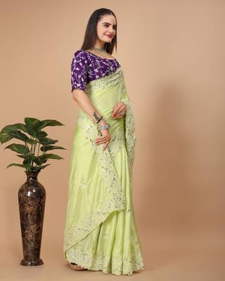 Mint Green Cutwork Saree With Contrance Blouse Peice 3