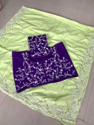 Mint Green Cutwork Saree With Contrance Blouse Peice 4