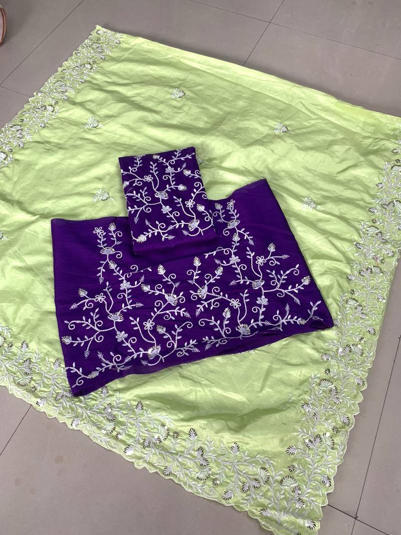 Mint Green Cutwork Saree With Contrance Blouse Peice