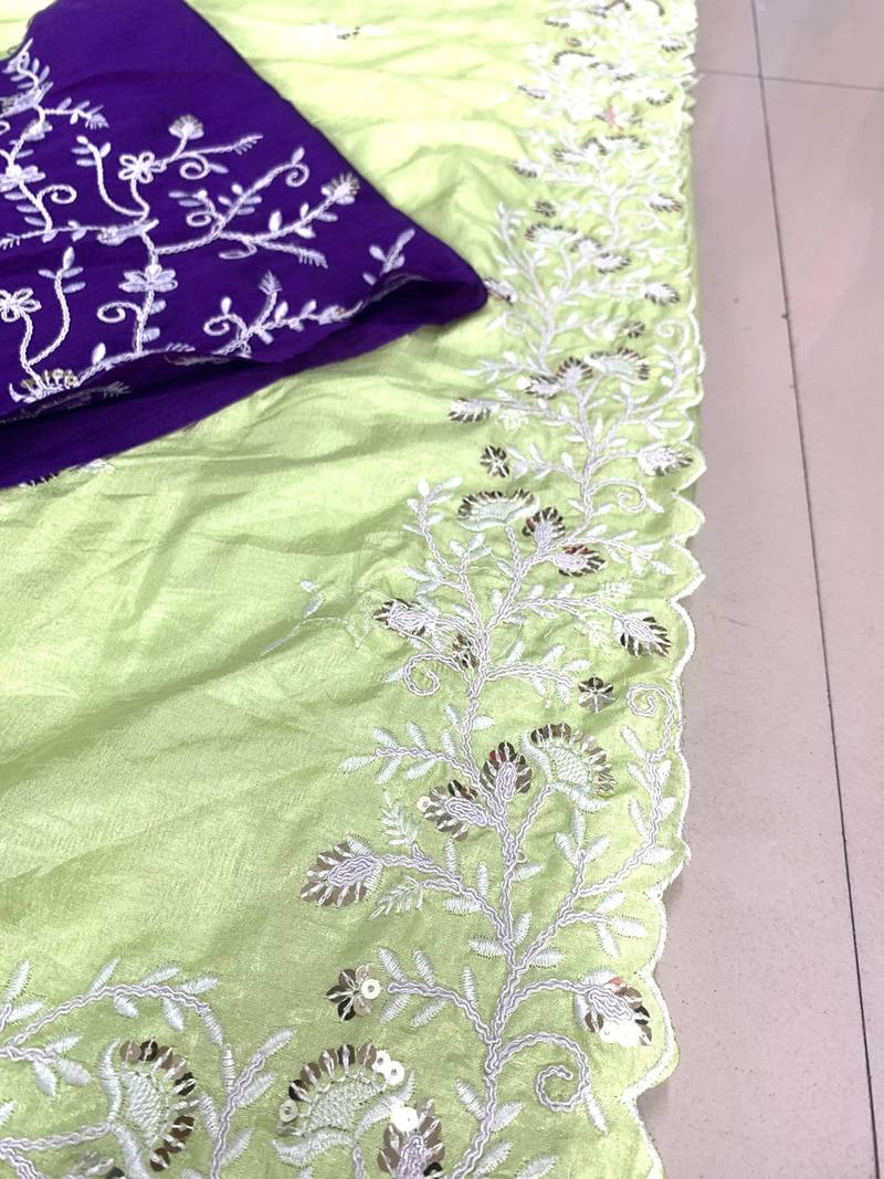 Mint Green Cutwork Saree With Contrance Blouse Peice