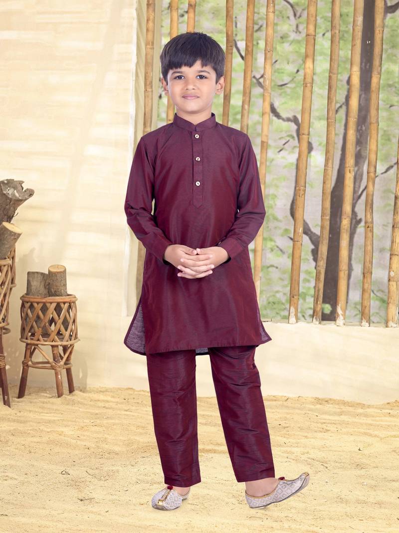 PehanaavaBoys Long Sleeve Ethnic Festive & Party Cotton Kurta Payjama  Sets Wine