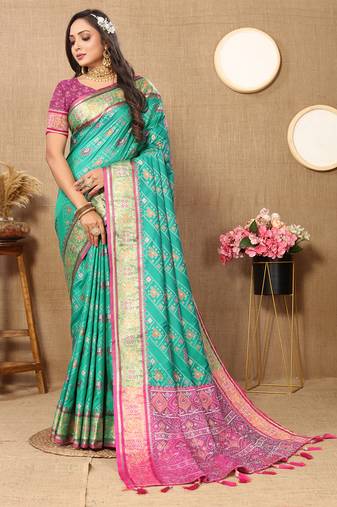 Lookslady Womens New Latest Patola Silk Rama Color Faux Banarasi Saree With Unstitched Contrast Blouse