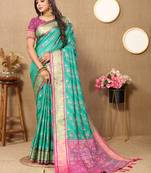 Lookslady Womens New Latest Patola Silk Rama Color Faux Banarasi Saree With Unstitched Contrast Blouse