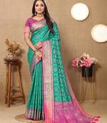 Lookslady Womens New Latest Bandhani Woven Design Patola Silk Rama Color With Unstitched Contrast Blouse