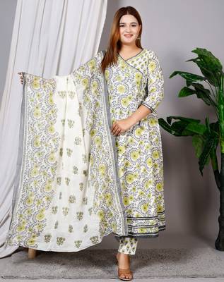 Women's Cotton hand block printed ready to wear Anarkali pattern full suit with straight pant & dupatta 1