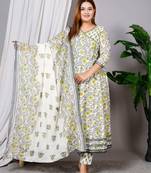 Women's Cotton hand block printed ready to wear Anarkali pattern full suit with straight pant & dupatta