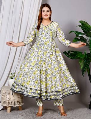 Women's Cotton hand block printed ready to wear Anarkali pattern full suit with straight pant & dupatta 2