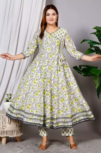Women's Cotton hand block printed ready to wear Anarkali pattern full suit with straight pant & dupatta