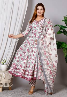Women's cotton hand block printed ready to wear Anarkali pattern full suit with straight pant & dupatta 1