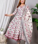 Women's cotton hand block printed ready to wear Anarkali pattern full suit with straight pant & dupatta