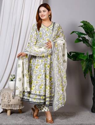 Women's Cotton hand block printed ready to wear Anarkali pattern full suit with straight pant & dupatta 3