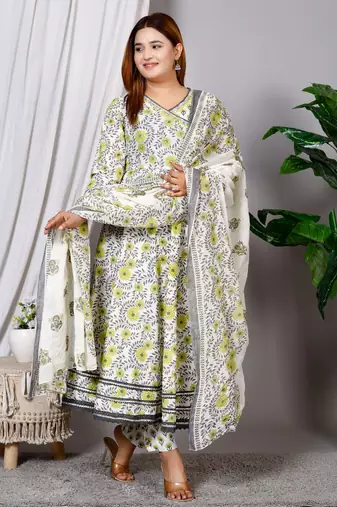 Women's Cotton hand block printed ready to wear Anarkali pattern full suit with straight pant & dupatta