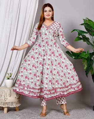 Women's cotton hand block printed ready to wear Anarkali pattern full suit with straight pant & dupatta 2