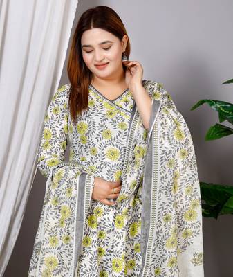 Women's Cotton hand block printed ready to wear Anarkali pattern full suit with straight pant & dupatta 4