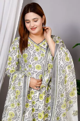 Women's Cotton hand block printed ready to wear Anarkali pattern full suit with straight pant & dupatta