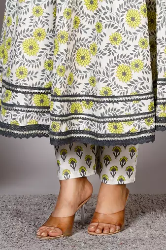 Women's Cotton hand block printed ready to wear Anarkali pattern full suit with straight pant & dupatta