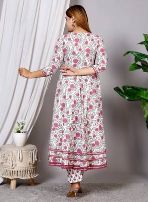 Women's cotton hand block printed ready to wear Anarkali pattern full suit with straight pant & dupatta 3