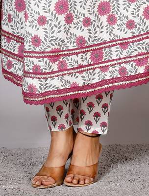 Women's cotton hand block printed ready to wear Anarkali pattern full suit with straight pant & dupatta 5