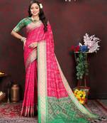 Lookslady Womens New Latest Faux Banarasi Silk Pink Color Patola Saree With Unstitched Contrast Blouse