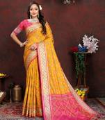 Lookslady Womens New Latest Faux Banarasi Silk Yellow Color Patola Saree With Unstitched Contrast Blouse