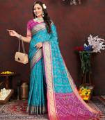 Lookslady Womens New Latest Faux Banarasi Silk Sky Blue Color Patola Saree With Unstitched Contrast Blouse