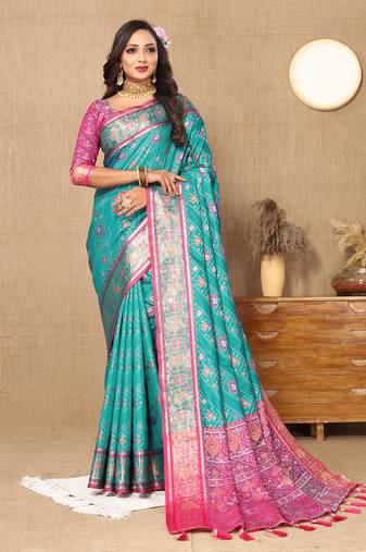 Lookslady Womens New Latest Patola Silk Sky Blue Color Faux Banarasi Saree With Unstitched Contrast Blouse