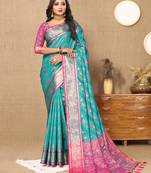 Lookslady Womens New Latest Patola Silk Sky Blue Color Faux Banarasi Saree With Unstitched Contrast Blouse