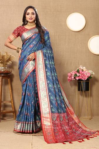 Lookslady Womens New Latest Patola Silk Teal Blue Color Faux Banarasi Saree With Unstitched Contrast Blouse