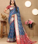 Lookslady Womens New Latest Patola Silk Teal Blue Color Faux Banarasi Saree With Unstitched Contrast Blouse