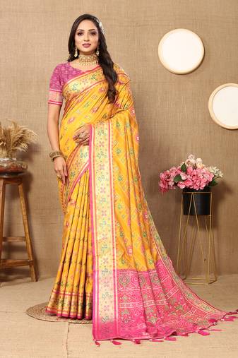 Lookslady Womens New Latest Patola Silk Yellow Color Faux Banarasi Saree With Unstitched Contrast Blouse