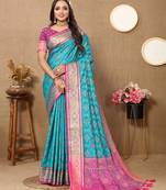 Lookslady Womens New Latest Bandhani Woven Design Patola Silk Sky Blue Color With Unstitched Contrast Blouse