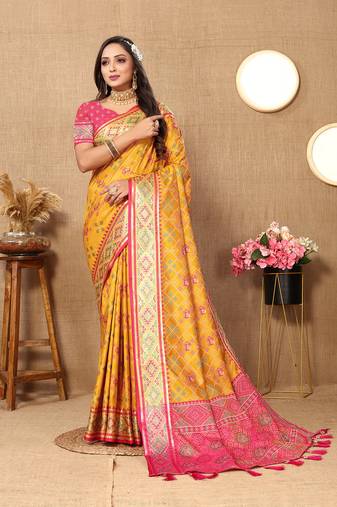 Lookslady Womens New Latest Bandhani Woven Design Patola Silk Yellow Color With Unstitched Contrast Blouse