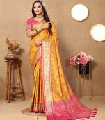 Lookslady Womens New Latest Bandhani Woven Design Patola Silk Yellow Color With Unstitched Contrast Blouse