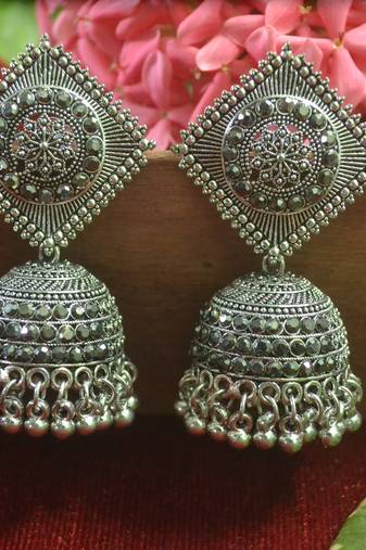 Designer black onyx stone oxidised jhumka jhumki earrings for women