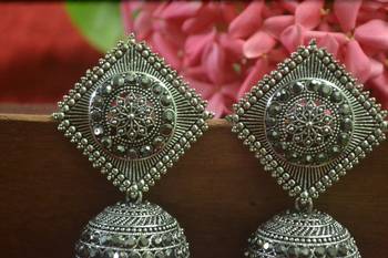 Designer black onyx stone oxidised jhumka jhumki earrings for women 2