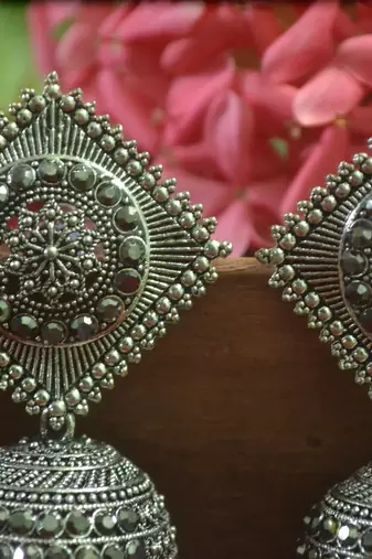 Designer black onyx stone oxidised jhumka jhumki earrings for women