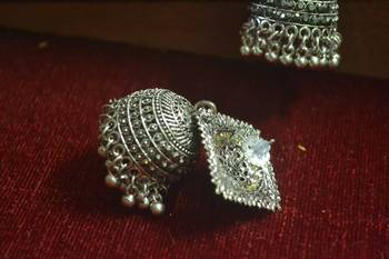 Designer black onyx stone oxidised jhumka jhumki earrings for women 4