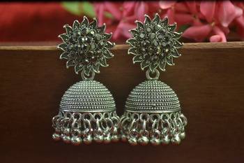 Designer black onyx stone oxidised jhumka jhumki earrings for women 1