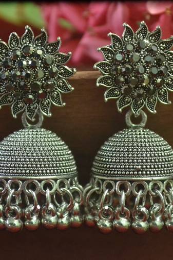 Designer black onyx stone oxidised jhumka jhumki earrings for women