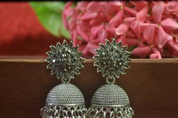 Designer black onyx stone oxidised jhumka jhumki earrings for women 2