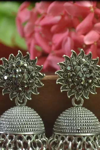 Designer black onyx stone oxidised jhumka jhumki earrings for women