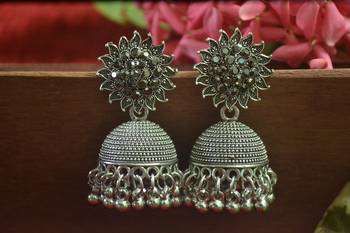 Designer black onyx stone oxidised jhumka jhumki earrings for women 3