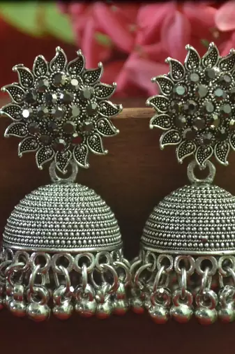 Designer black onyx stone oxidised jhumka jhumki earrings for women