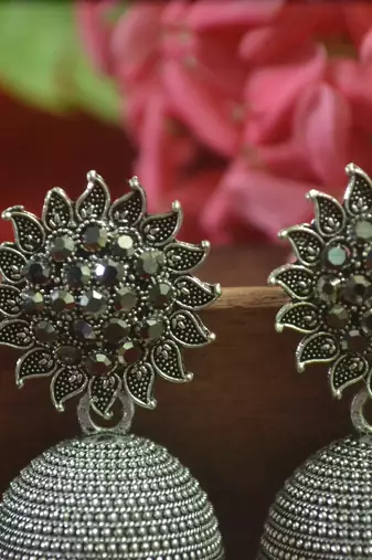 Designer black onyx stone oxidised jhumka jhumki earrings for women