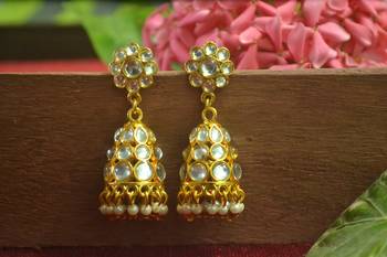 Designer kundan stone gold plated jhumka stud earrings for women 1